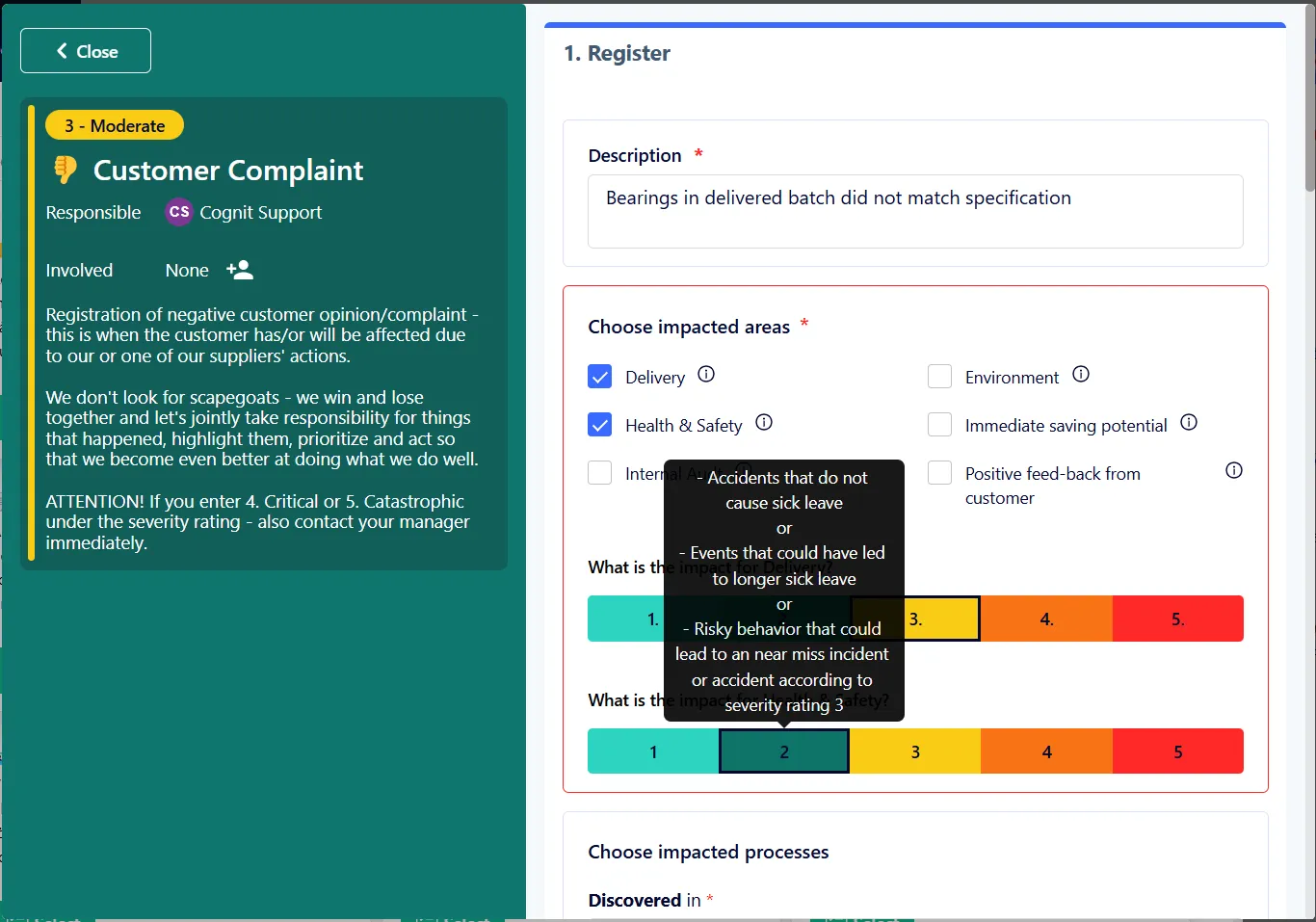 Classification across multiple impact areas when registering a customer complaint in AmpliFlow