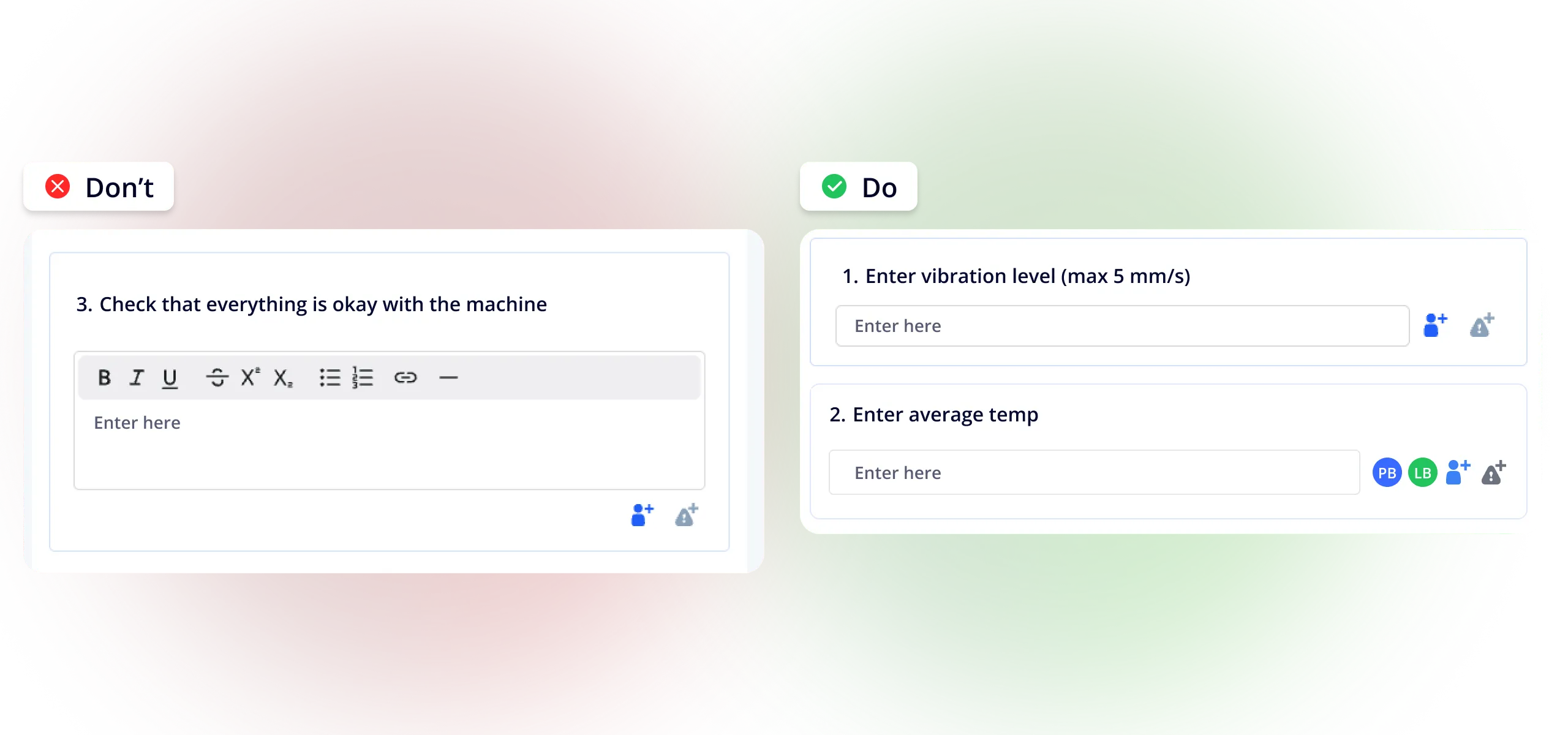 Comparison of vague versus concrete and measurable checklist activities – do vs don't examples