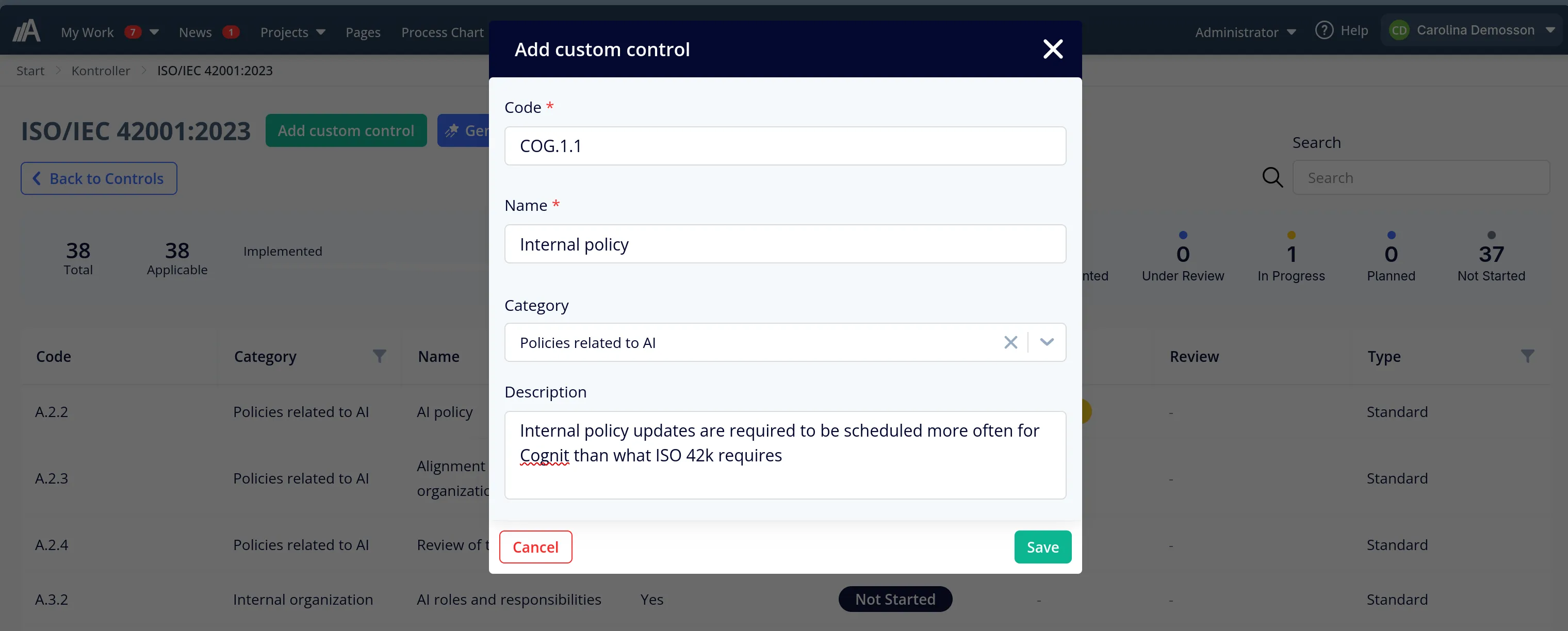 Dialog for adding a custom control with code, name, category, and description fields