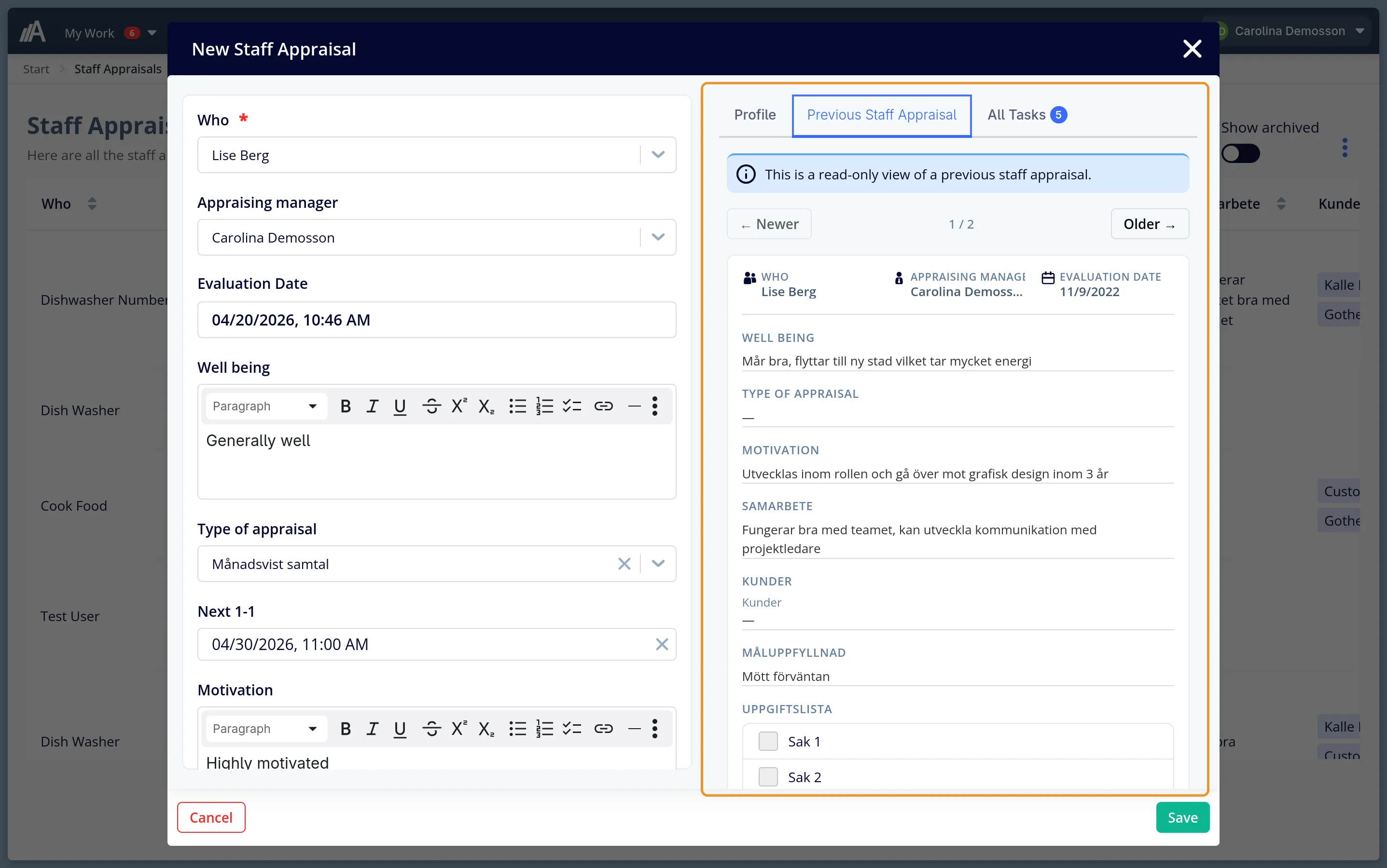 AmpliFlow history view for a previous employee review before the next conversation