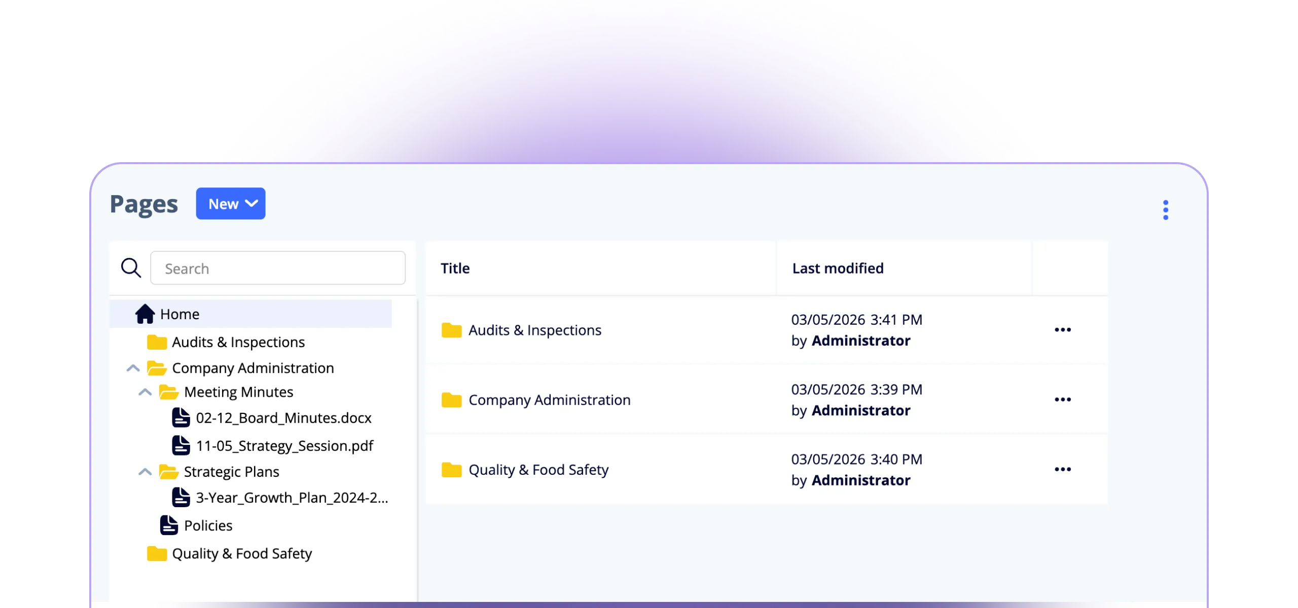 AmpliFlow Pages: folder structure with documents, version and status