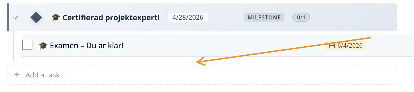 Project task list with a quick-add input below a milestone
