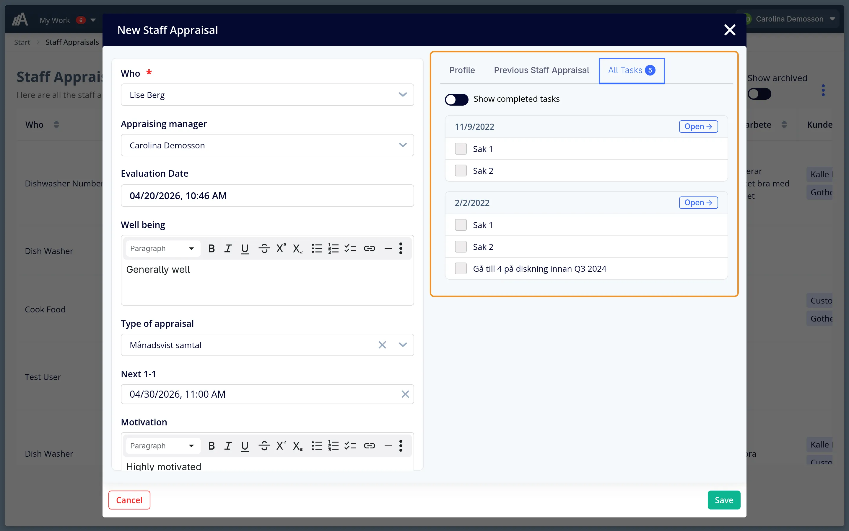 AmpliFlow employee review view with employee, manager, and follow-up tasks in the same screen