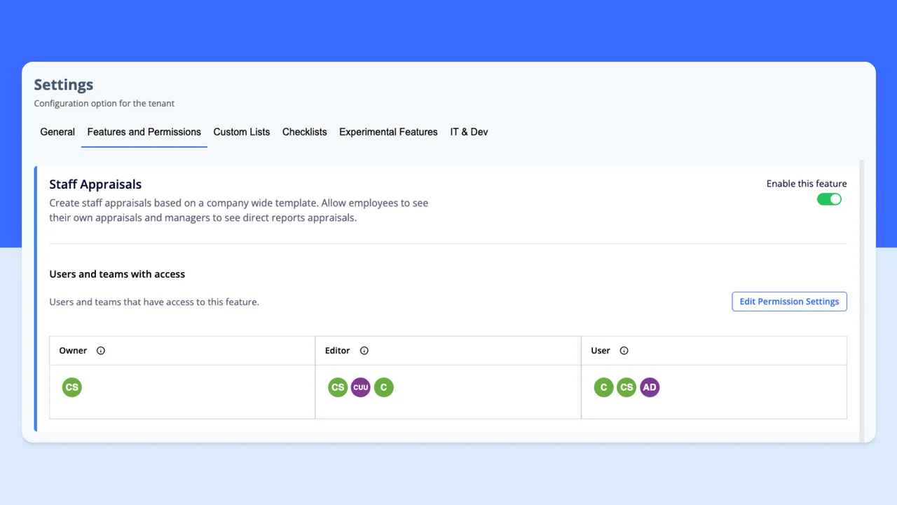 Staff appraisal settings in AmpliFlow with the feature enabled and separate owner, editor, and user access roles