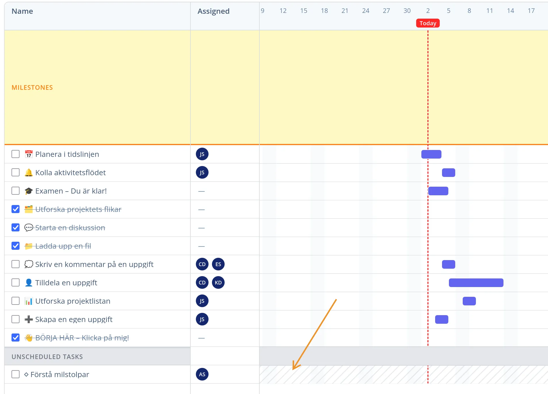 Project timeline with an unscheduled tasks section for tasks without dates