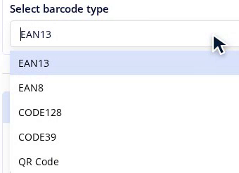 The list offers EAN13, EAN8, CODE128, CODE39 and QR Code.