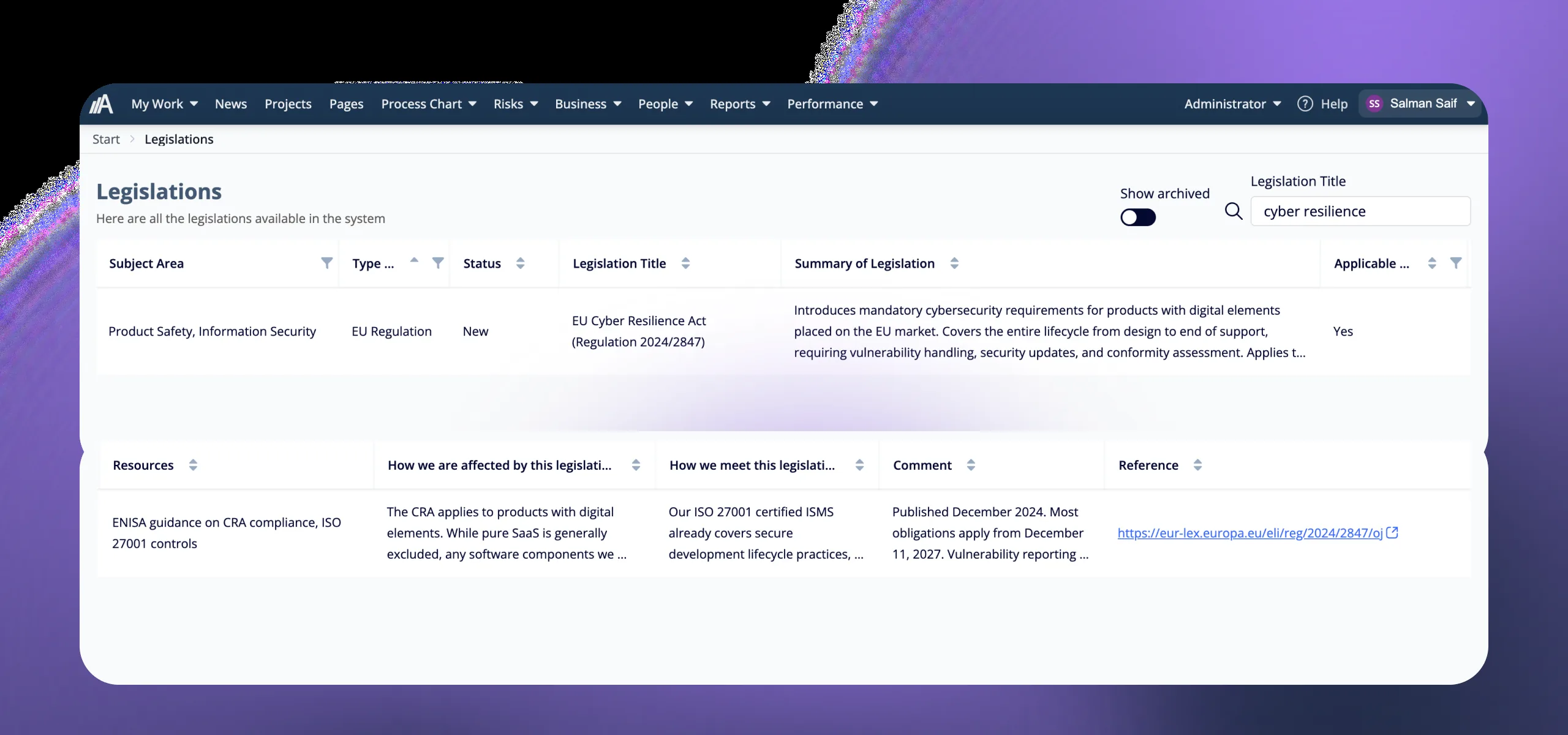 Screenshot of legal requirements in AmpliFlow showing a requirement list, owners, status, and follow-up dates.