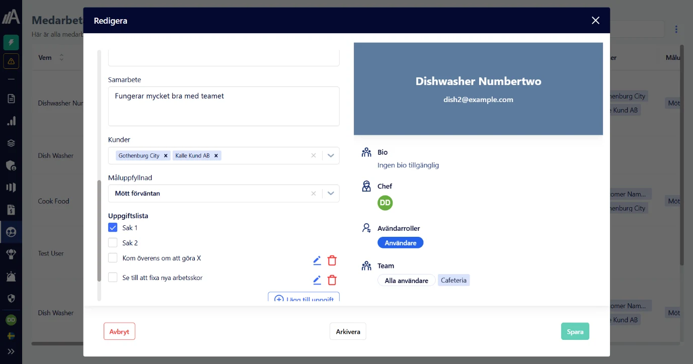 Screenshot of the Swedish AmpliFlow UI showing a staff appraisal edit dialog with goals, tasks, customer links, and a user profile.