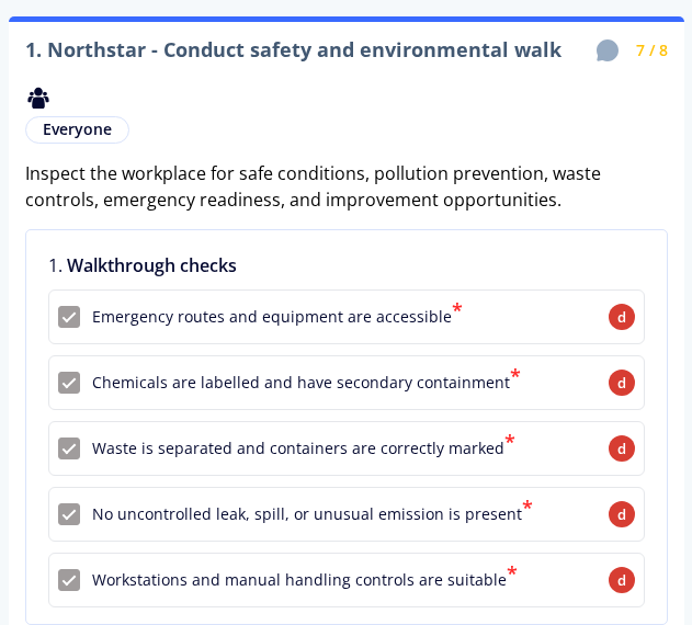 First safety-round question with five checked points.