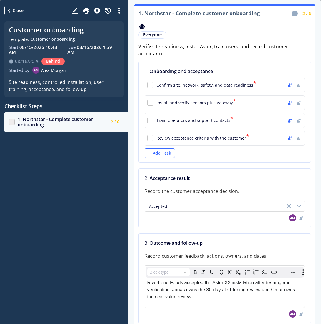 Customer onboarding checklist with four unchecked checkpoints, a recorded acceptance result and follow-up text.