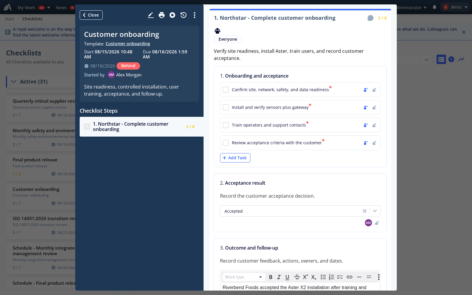 In-progress customer onboarding checklist with four unchecked checkpoints and recorded answers.