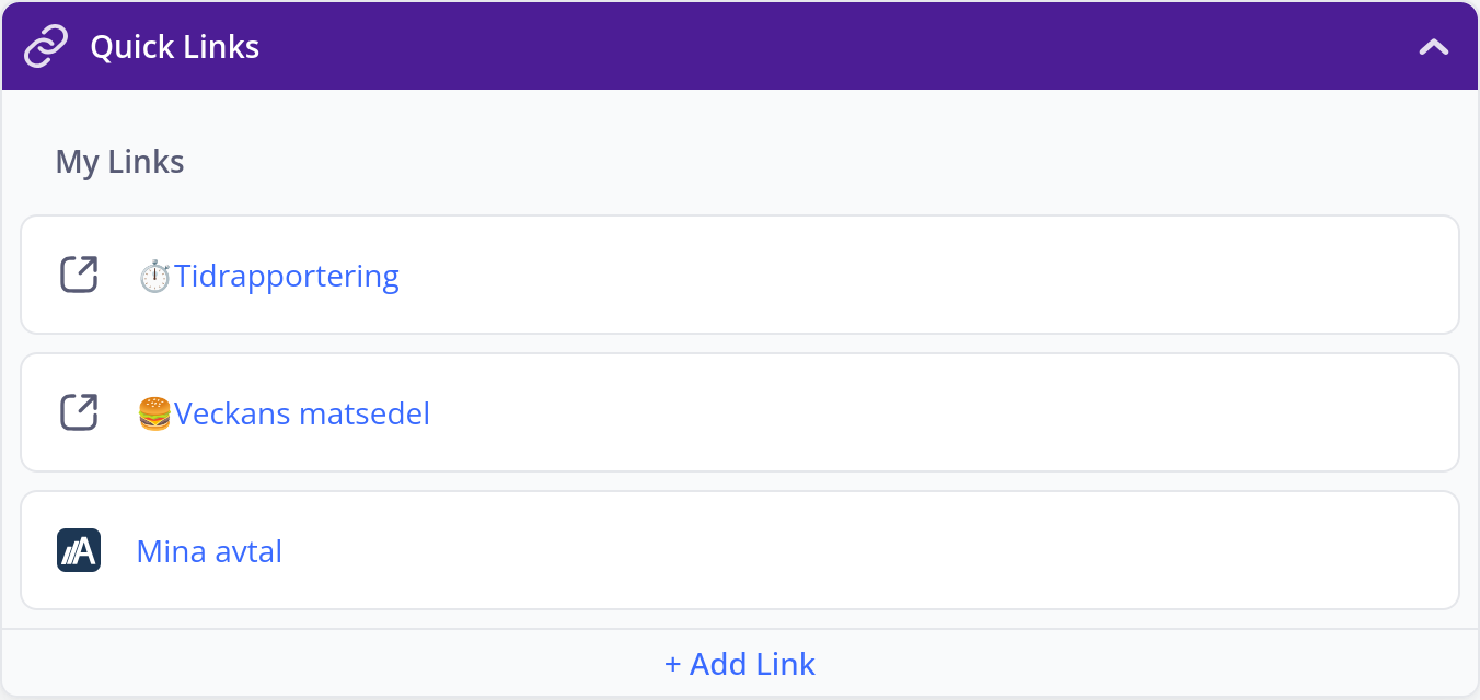 Quick Links panel with three saved links and the Add Link button.