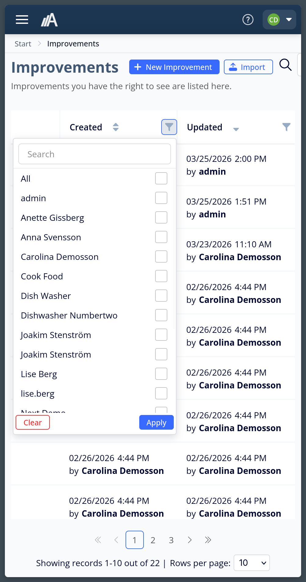 AmpliFlow improvements list with the Created column user filter open, showing a list of team members to select