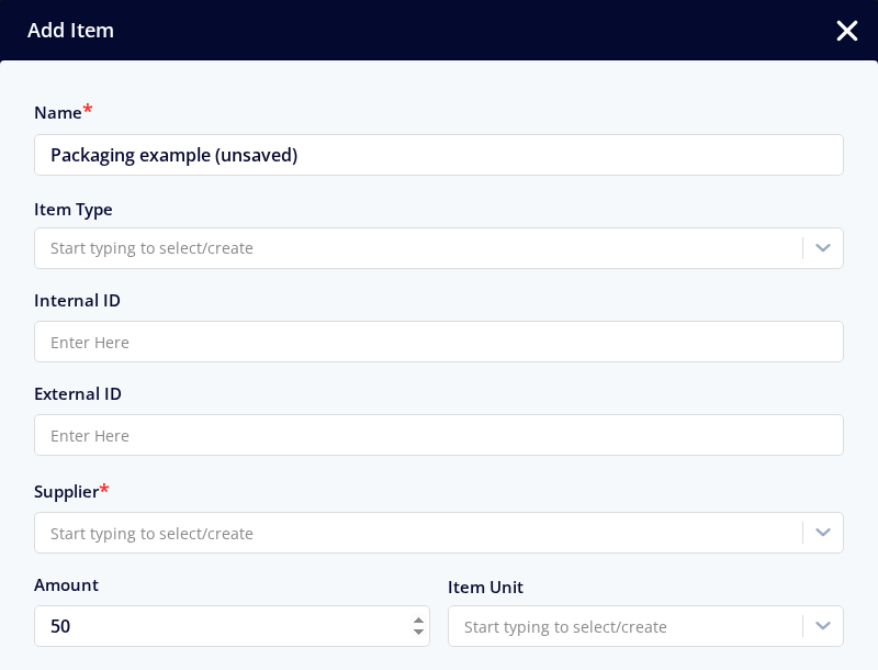 Unsaved item draft showing the type field, amount 50 and an unselected unit field