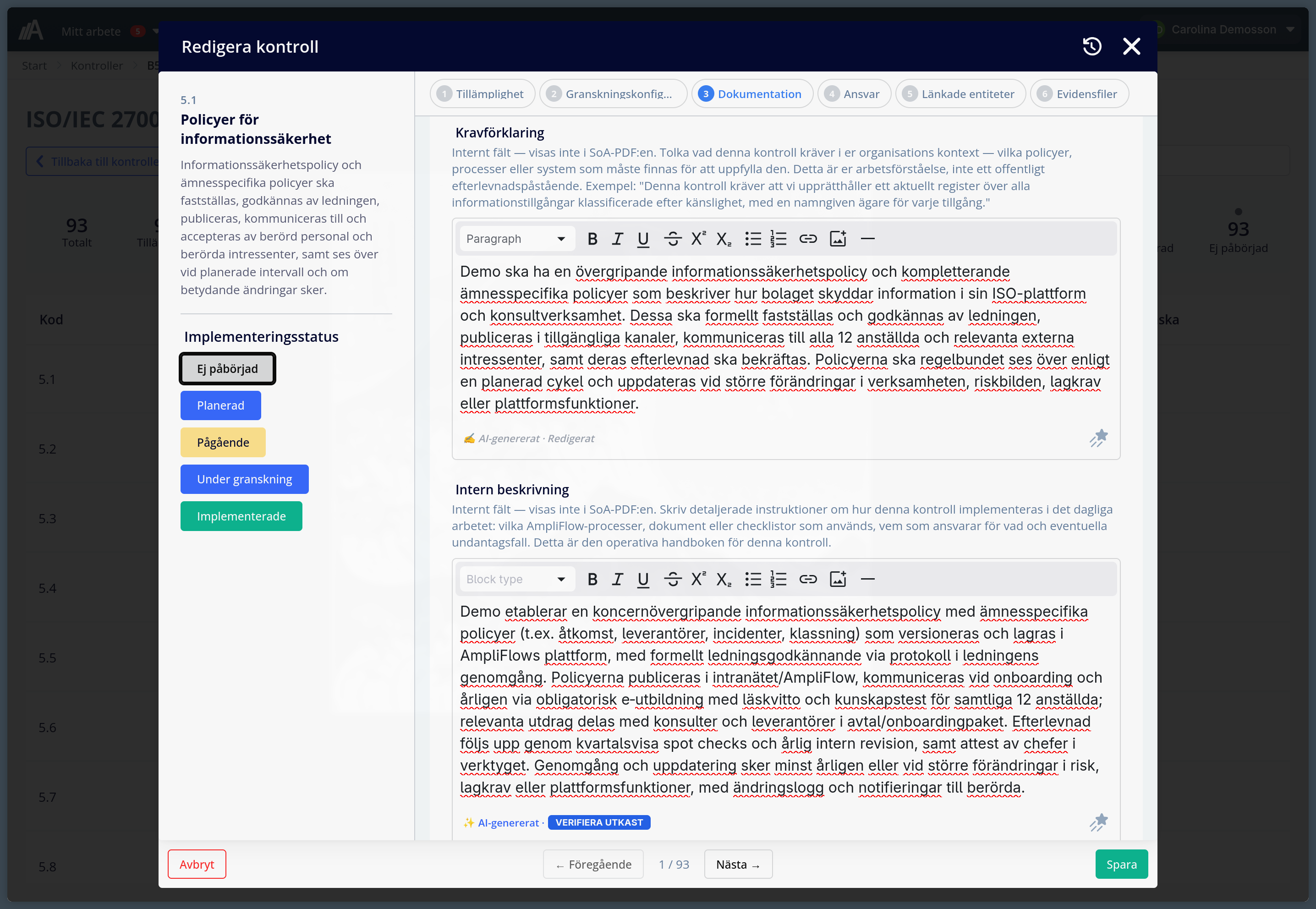 AI-generated documentation for ISO 27001 control 5.1 in AmpliFlow: requirement explanation and internal description with AI-generated content highlighted.