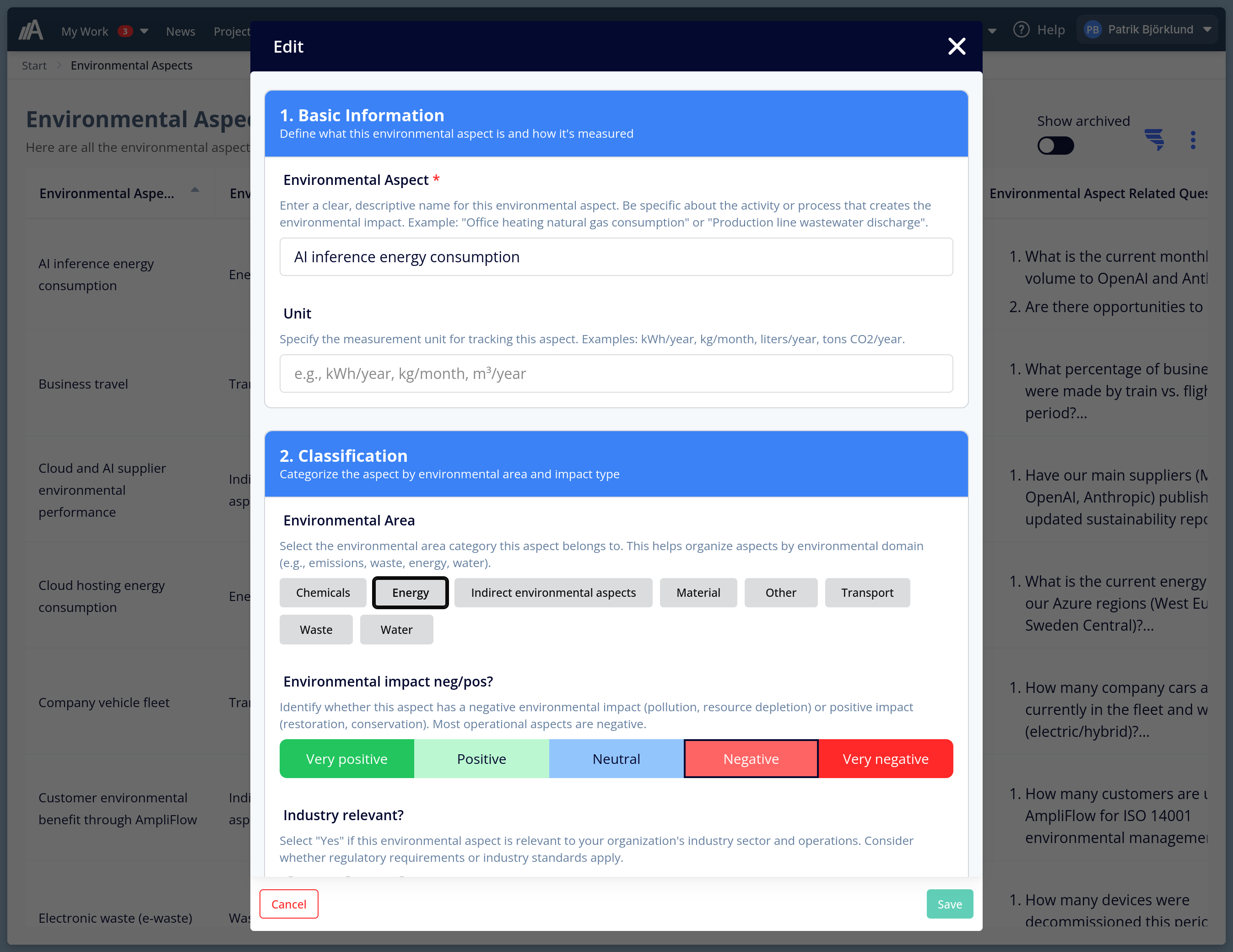 AmpliFlow environmental aspects form showing numbered sections, per-field guidance text, and color-coded impact buttons