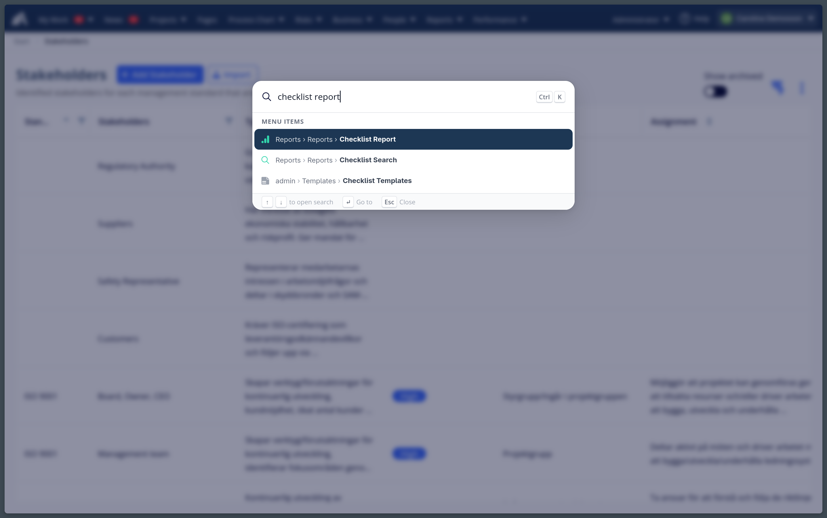 The Ctrl+K search palette in AmpliFlow with the search term "checklist report" and results under MENU ITEMS showing paths like Reports › Reports › Checklist Report