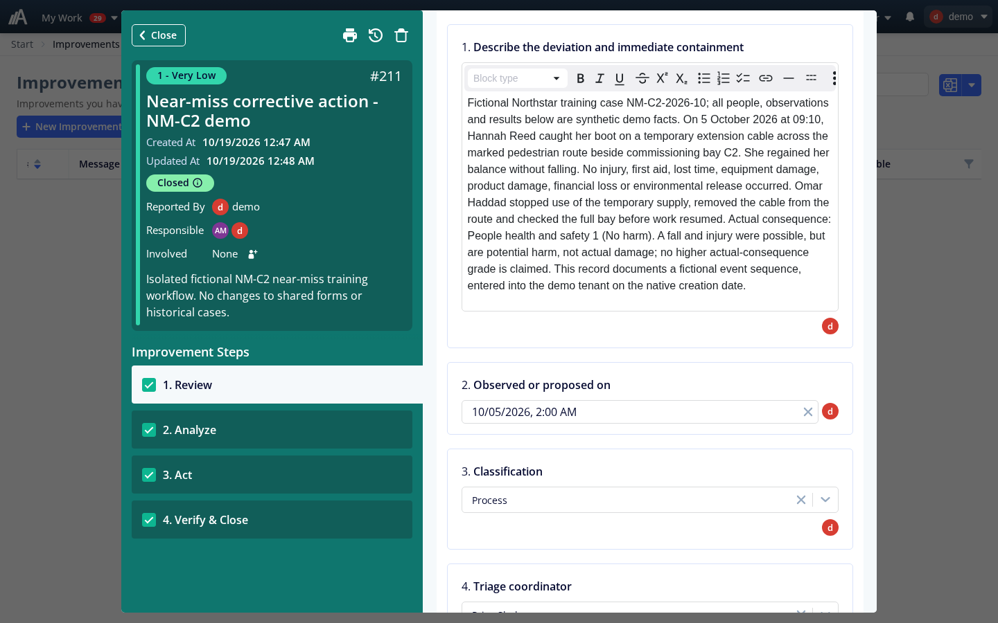 Near-miss report about a cable across a walkway, with the event description and immediate action.