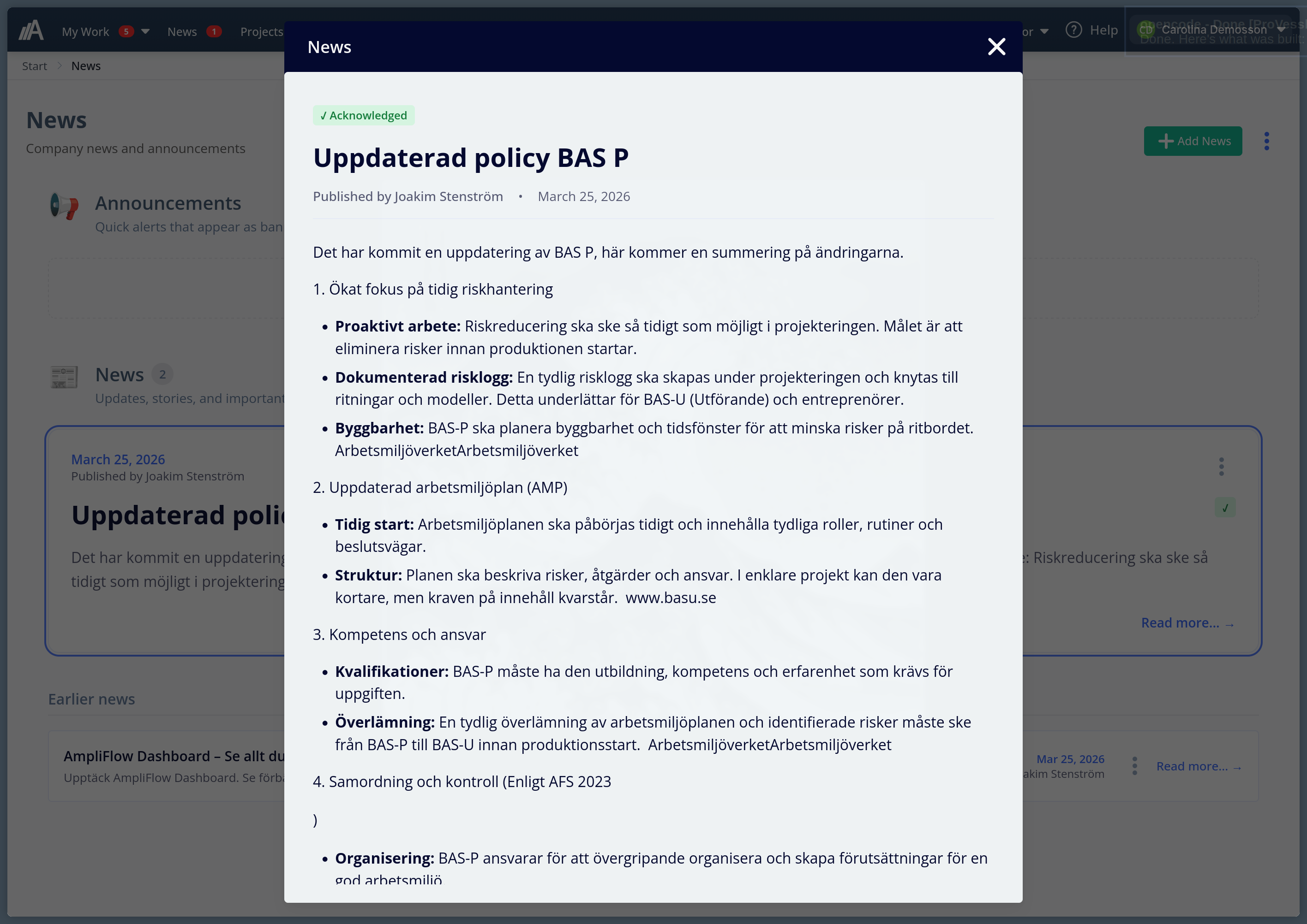 News article view in AmpliFlow with image, title, and article body.