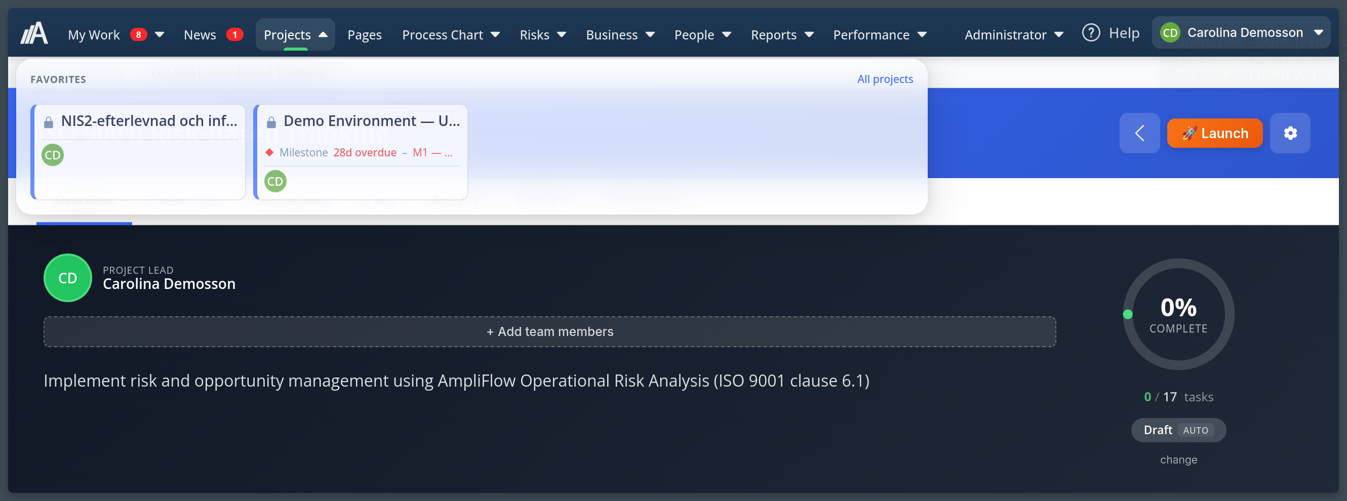 AmpliFlow Projects nav menu open showing a FAVORITES section with the two pinned projects and an All projects link
