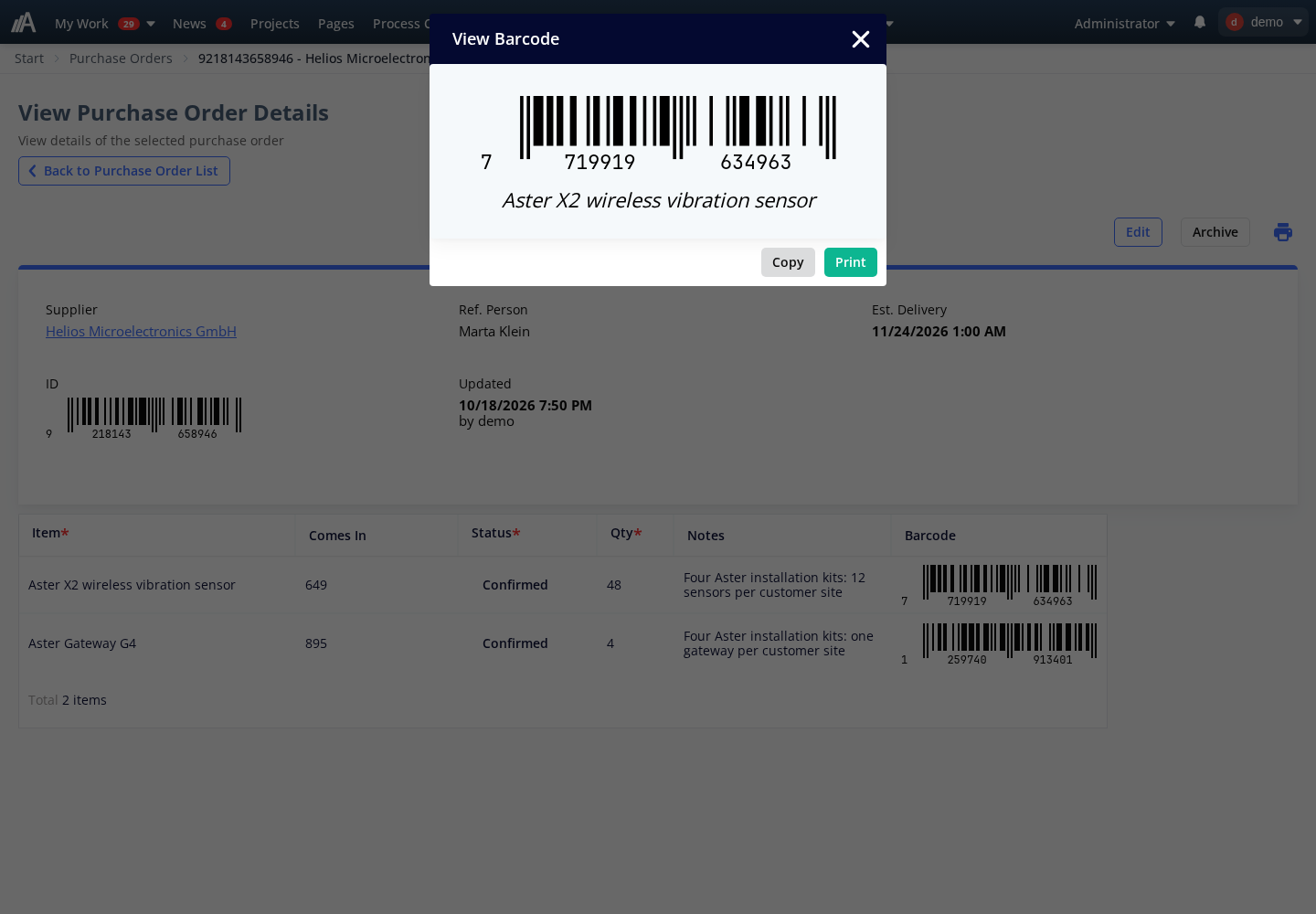 Sensor barcode preview with the item name and Copy and Print options