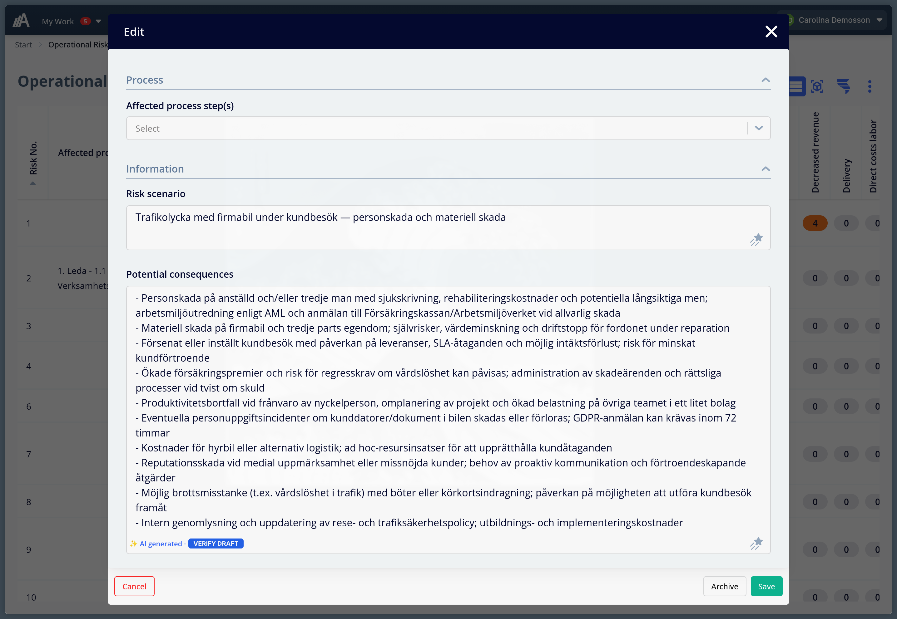 Risk management in AmpliFlow with AI-generated consequence suggestions for an operational risk.