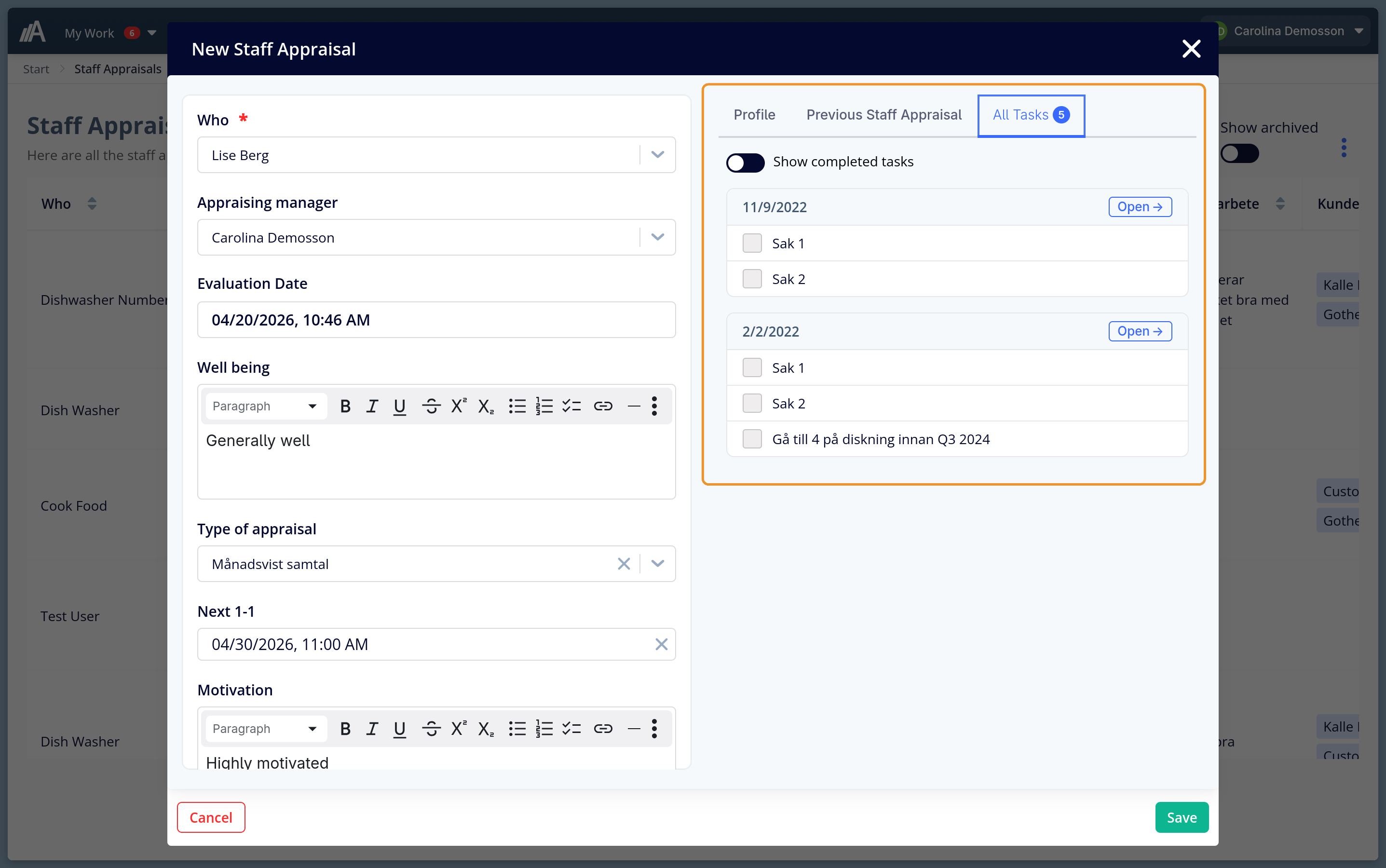 The staff appraisal form in AmpliFlow with the All Tasks tab open, tasks grouped by evaluation date with checkboxes and an Open link to the source appraisal