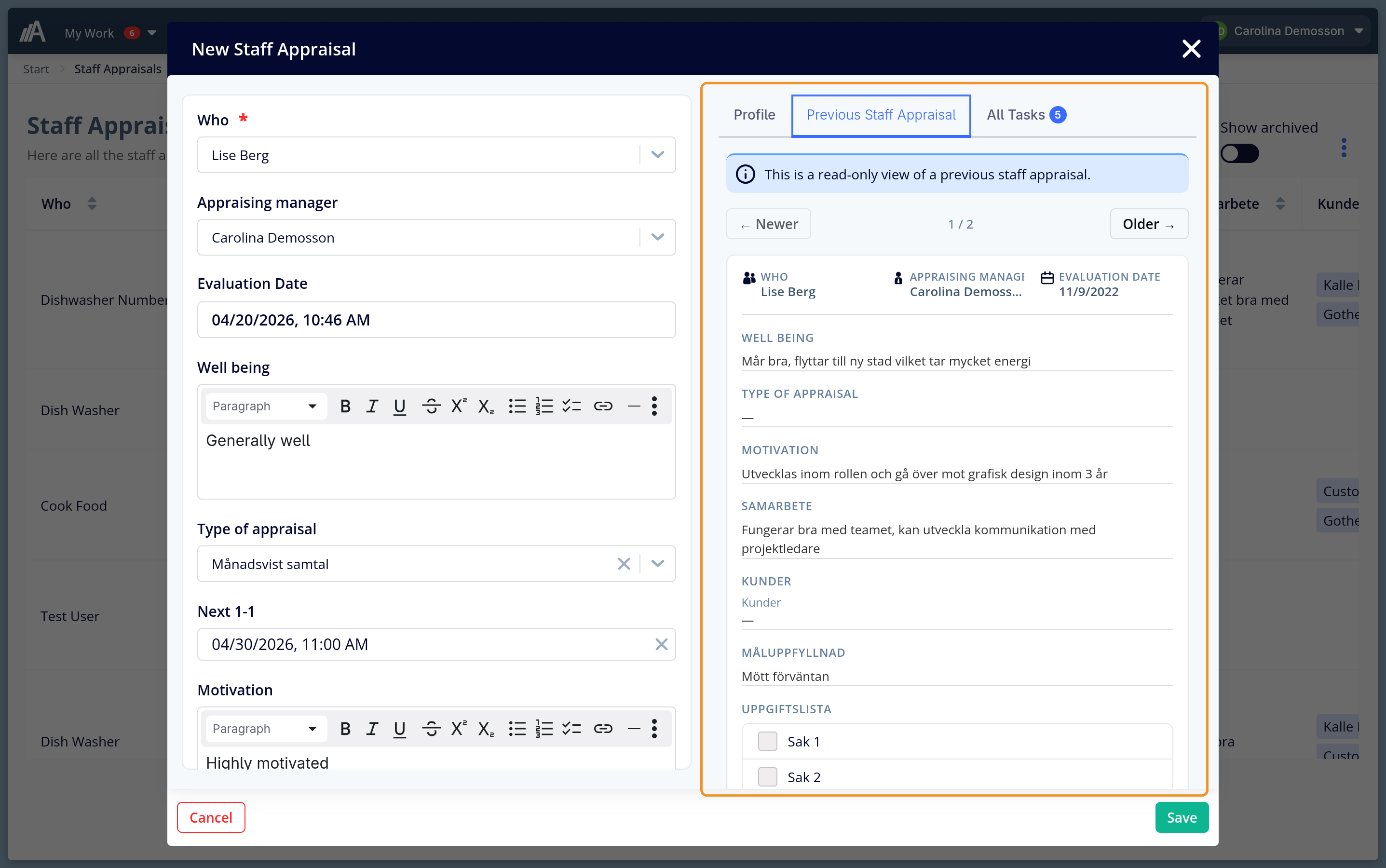 The staff appraisal form in AmpliFlow with the Previous Staff Appraisal tab open, showing a read-only view with 1/2 navigation and fields for Well Being, Motivation, and Task List