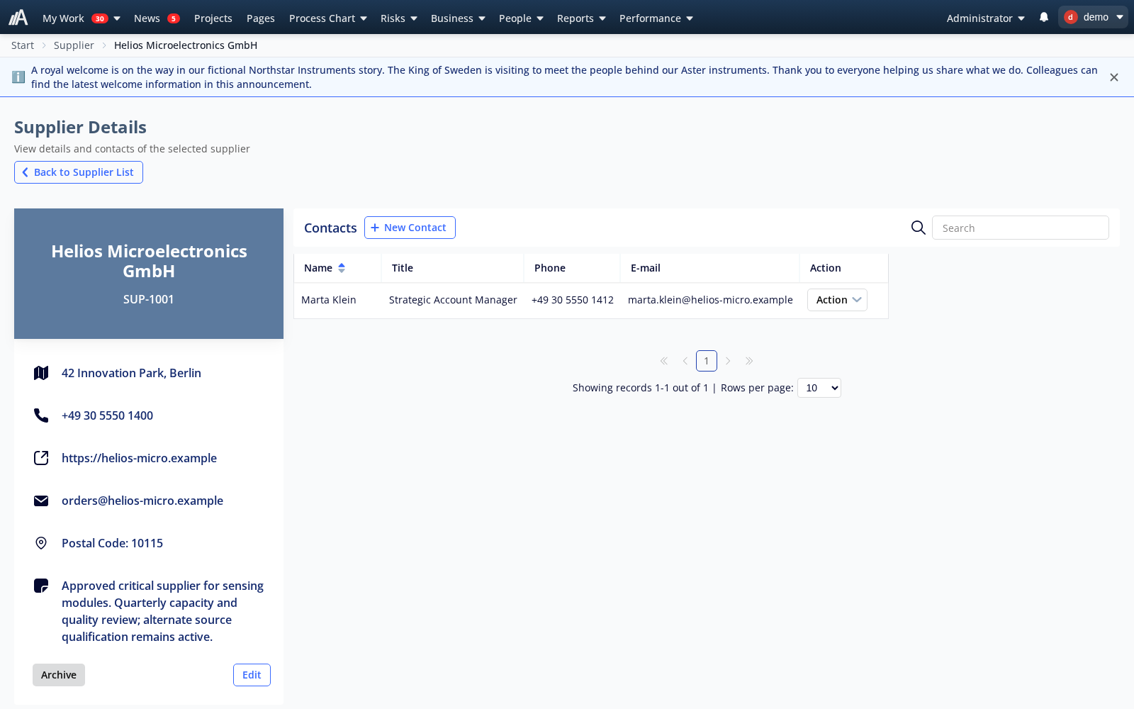 Helios supplier record with company details, contact person Marta Klein and notes