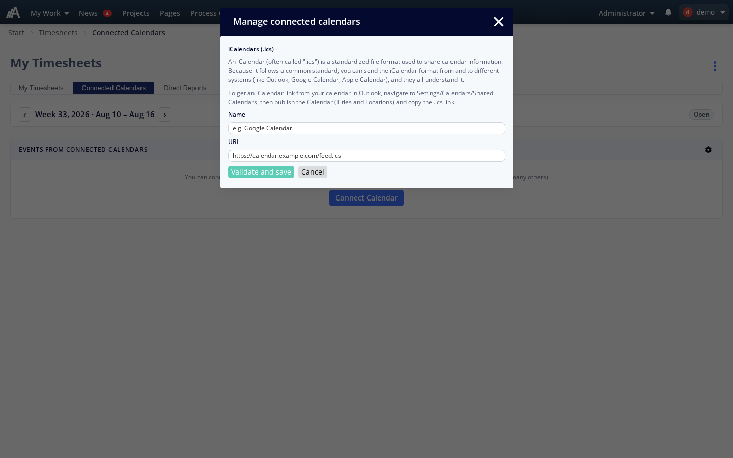 Calendar settings show fields for a name and published ICS link.