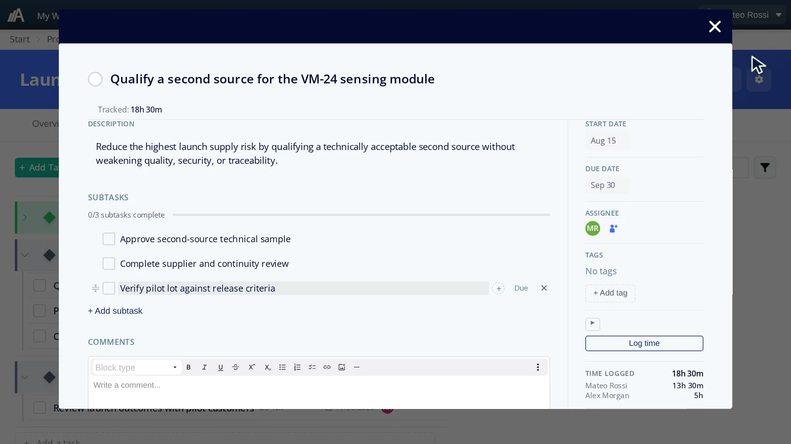 Project task with an assignee, start and due dates and three subtasks